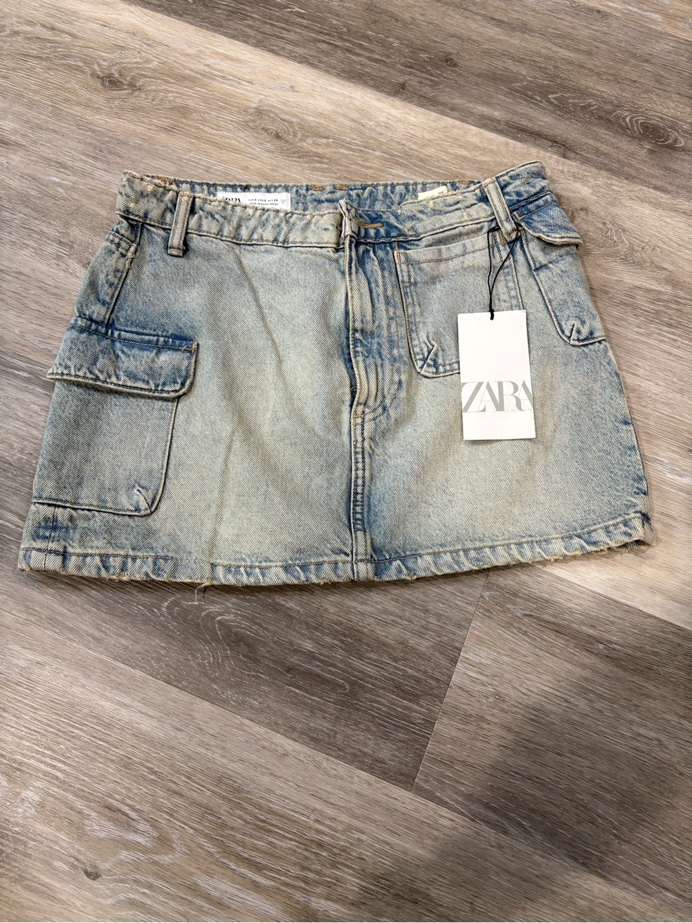 ZARA Washed Blue Denim Cargo Mini Skirt